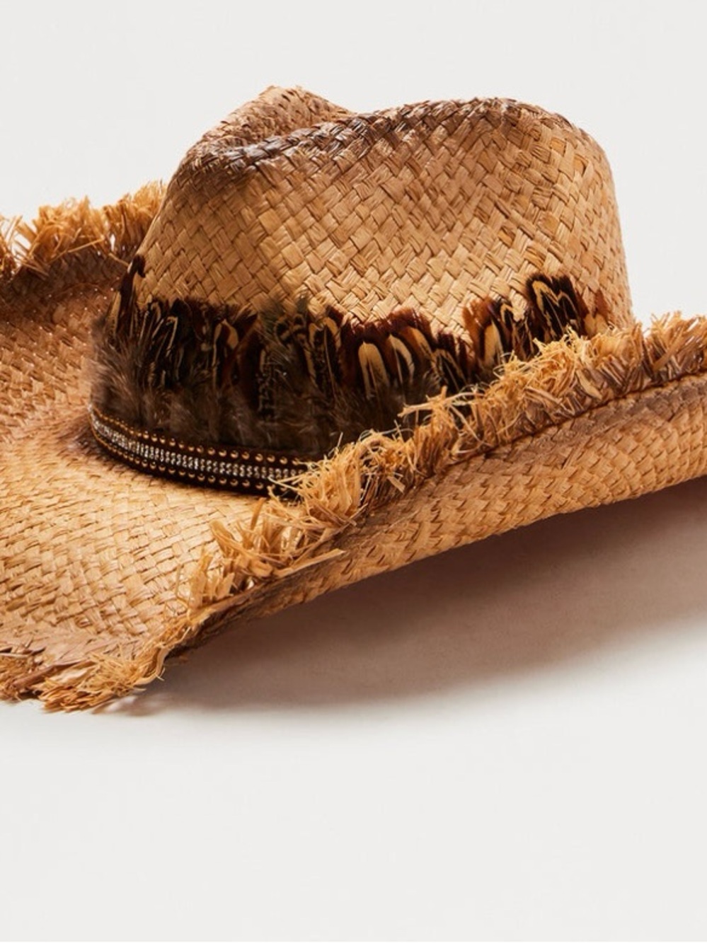 Straw Cowboy Hat with Feather Trim - Tan - Picture 2 of 4